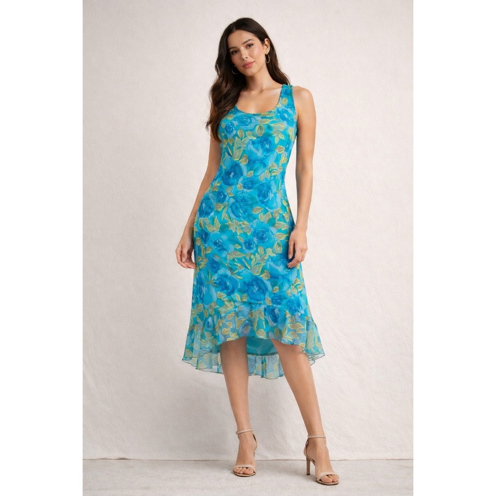 CDC Petites Blue Floral Chiffon Slit Midi Dress Size 10 Ruffle Hem Y2K Romantic